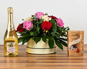 Mixed Rose Hatbox with Lindt Chocolates & Non-alcoholic Fizz