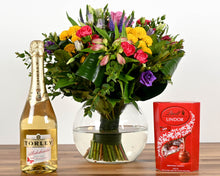 Load image into Gallery viewer, Colour Burst Fishbowl Bouquet, Lindt Chocolates &amp; Non-Alcoholic Fizz
