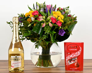 Colour Burst Fishbowl Bouquet, Lindt Chocolates & Non-Alcoholic Fizz
