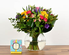 Load image into Gallery viewer, Colour Burst Fishbowl Bouquet &amp; a Luxury Julie Clarke Candle
